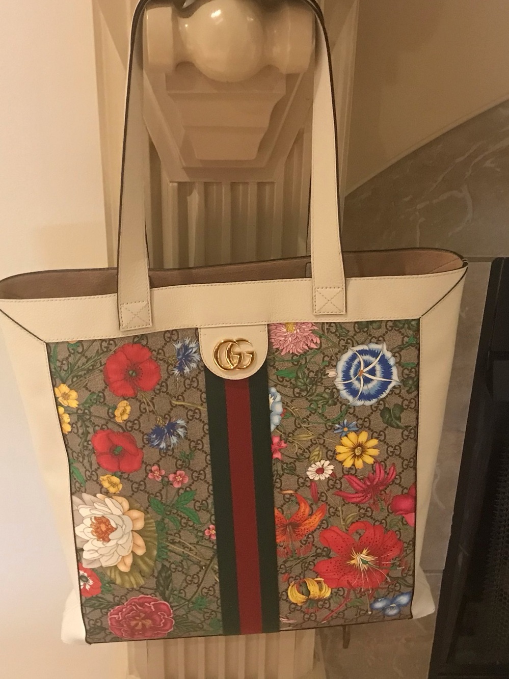 Gucci Multicolor Floral GG Canvas Tote with Cream Trim